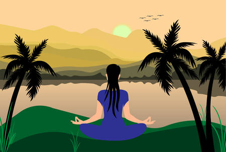 International Yoga Day 21st June vector illustration a theme people doing yoga in a mountainous regionのイラスト素材