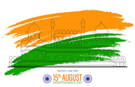 Illustration of famous Indian monument saffron and green color brush background for Happy Independence Day celebration 15th august vector abstract conceptのイラスト素材