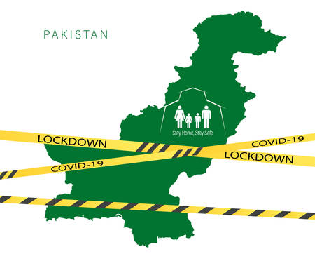 Coronavirus cell with Pakistan flag and map. Stop COVID-19 sign, pakistan lockdown preventing coronavirus spread or outbreak.のイラスト素材