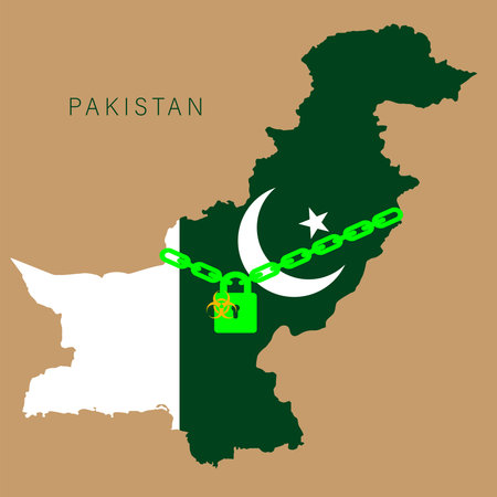 Coronavirus cell with Pakistan flag and map. Stop COVID-19 sign, pakistan lockdown preventing coronavirus spread or outbreak.のイラスト素材