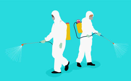Vector Illustration. Men in protective suit spraying disinfectant. International Nurses Day poster showing a team of healthcare workers in the time of Coronavirus Pandemic.のイラスト素材