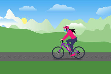 A girl wearing mask and gloves riding bicycle on a cycle lane in an urban area vector illustrationのイラスト素材