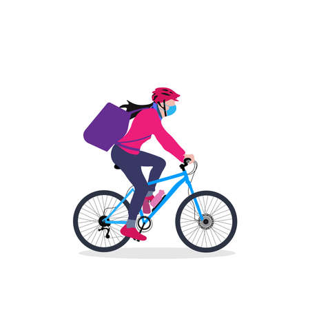 A delivery girl on cycle with backpack driving through an urban area vector illustrationのイラスト素材