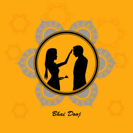 Vector Illustration of Indian family celebrating Bhai Dooj or Bhau-Beej or Bhai Tika or Bhai Phonta with creative tali during Happy Diwali festival backgroundのイラスト素材