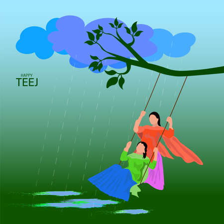 Vector Illustration of Teej Festival india. woman swinging on a tree. Traditional Mehandi Design for Indian Festivalsのイラスト素材