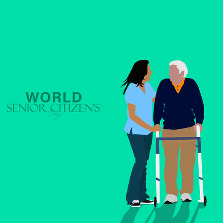 Vector Illustration of World Senior Citizen's Day which is observed on 21st august. Elderly People walking, sitting and laughing having fun.のイラスト素材