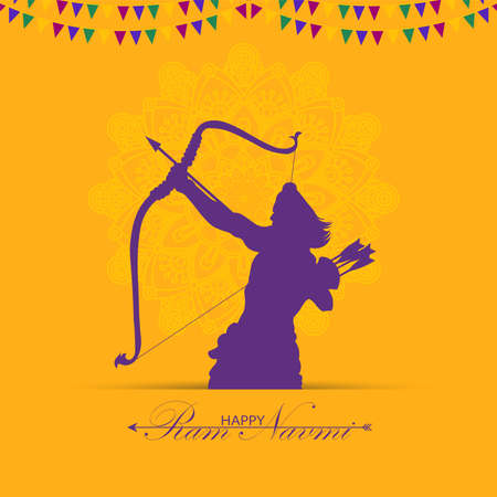 Vector Illustration of bow, arrow, and Lord Rama. Greeting card with bow and quiver for Ram Navami festival. Happy Ram Navami.のイラスト素材