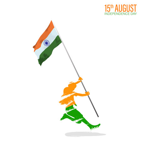 Vector Illustration for 15th August Independence day of India. Rejoicing boy jumping with Indian...