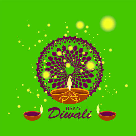 Happy Diwali festival. Diwali holiday Background with rangoli, Diwali celebration greeting card. Vector illustration of realistic illuminated oil lamps and floral mandala.のイラスト素材