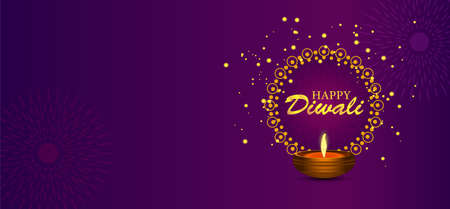 Happy Diwali festival. Diwali holiday Background with rangoli, Diwali celebration greeting card. Vector illustration of realistic illuminated oil lamps and floral mandala.のイラスト素材
