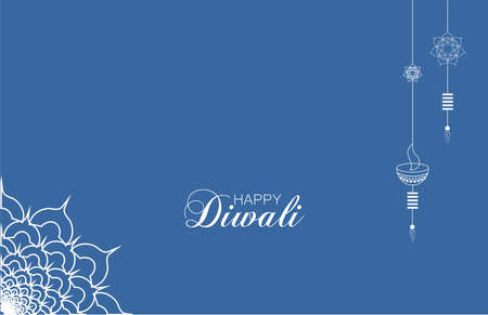 Happy Diwali festival. Diwali holiday Background with rangoli, Diwali celebration greeting card. Vector illustration of realistic illuminated oil lamps and floral mandala.のイラスト素材