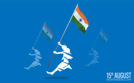 Vector Illustration for 15th August Independence day of India. Rejoicing kids jumping with Indian flag and balloons in hand.のイラスト素材