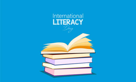 Vector Illustration of International literacy day. 8 September. back to school theme, chalk board, book open, letters etc.のイラスト素材