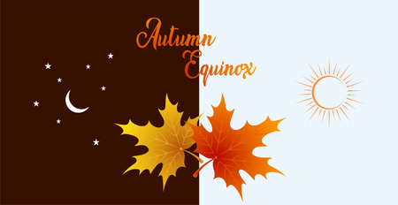 Autumn equinox vector illustration. September 22. Concept design with maple leafs in darker and lighter color. Crescent with stars and sun.のイラスト素材