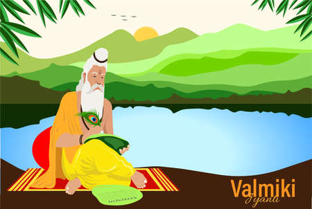 Ramanya text written in hindi which means Epic book of ramayana. Vector Illustration of Valmiki Jayanti, A mythological peot of Ramayana. banner or poster.のイラスト素材