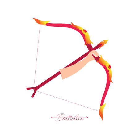 Vector Illustration of bow, arrow, and Lord Rama. Greeting card with bow and quiver for Navratri festival. Happy Dussehra.のイラスト素材