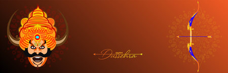 Vector Illustration of bow, arrow, and Lord Rama. Greeting card with bow and quiver for Navratri festival. Happy Dussehra.のイラスト素材