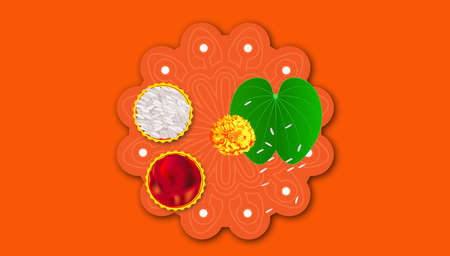 Happy Dussehra greeting card , green leaf Bauhinia racemosa and rice,Indian festival dussehra. Greeting card with bow and quiver for Navratri festival.の写真素材