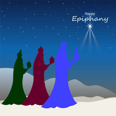 Vector illustration of Epiphany, a Christian festival. Jesus Christ soon after he was born. Abstract 3 kings looking at star in dark night backgroundのイラスト素材