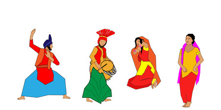 Vector Illustration for Happy Lohri. Indian traditional drum or dholak or dhol and dancing coupleのイラスト素材