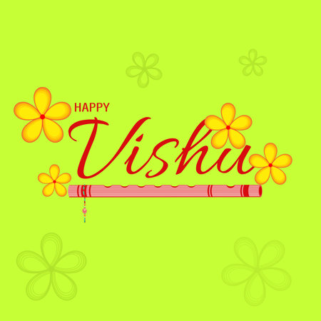 Illustration of Happy Vishu. Kerala festival with Vishu Kani,vishu flower Fruits and vegetables, Cassia flower. worship of krishnaのイラスト素材