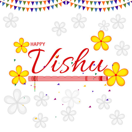 Illustration of Happy Vishu. Kerala festival with Vishu Kani,vishu flower Fruits and vegetables, Cassia flower. worship of krishnaのイラスト素材