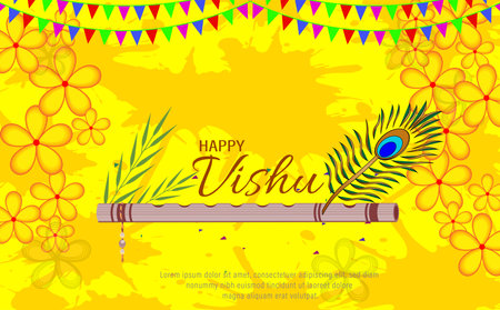 Illustration of Happy Vishu. Kerala festival with Vishu Kani,vishu flower Fruits and vegetables, Cassia flower. worship of krishnaのイラスト素材