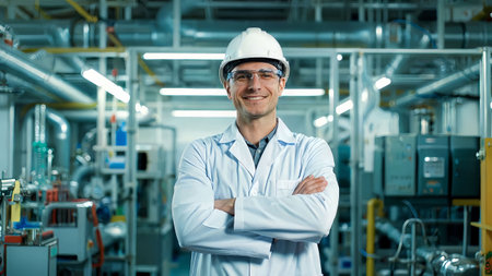 Portrait of confident mature male engineer standing with arms crossed in factoryの素材