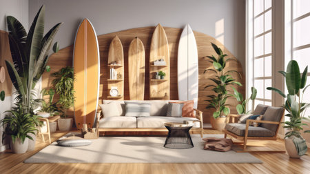Interior of modern living room with wooden walls, wooden floor, comfortable sofa and wooden coffee table. 3d renderingの素材