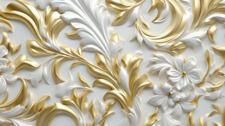 3d render, abstract background with golden and white floral pattern.の素材