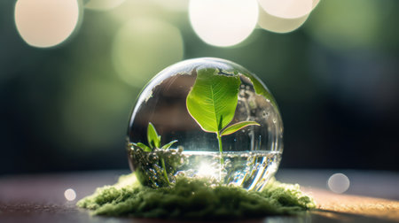Green plant in a glass globe, save the world and environment conceptの素材