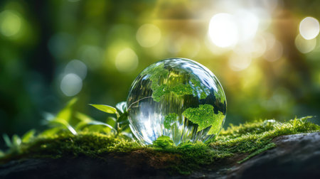 Glass globe with green grass and bokeh background in forest.の素材