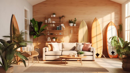 Interior of modern living room with wooden walls, carpet on the floor and comfortable sofa with surfboards. 3d renderingの素材