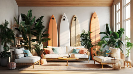 Modern living room interior design with sofa and surfboards. 3D Renderingの素材