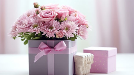 Beautiful bouquet of flowers in gift box on table on light backgroundの素材
