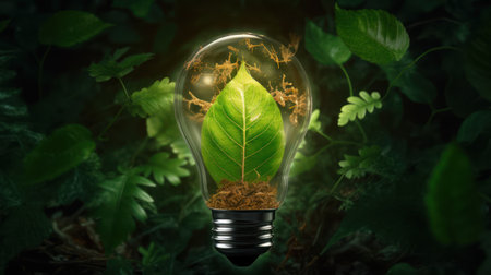 Ecology concept with green plant inside light bulb. 3D renderingの素材