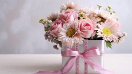 Bouquet of pink flowers in a gift box on a white wooden tableの素材