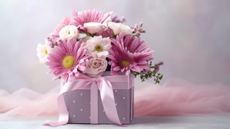 Beautiful bouquet of flowers in a gift box on a light backgroundの素材