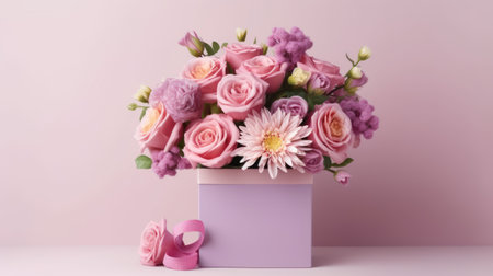 Beautiful bouquet of pink flowers in a gift box on a pink backgroundの素材