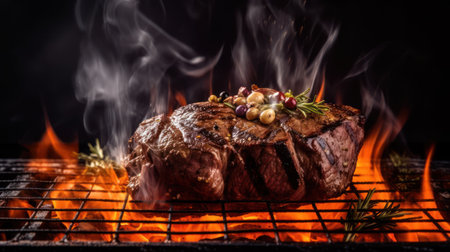 Grilled beef steak on the grill with flames and smoke on black backgroundの素材