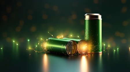 Digital illustration of a battery in green colour with lights in the backgroundの素材