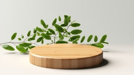 Wooden podium on white background with green leaves. 3d renderingの素材