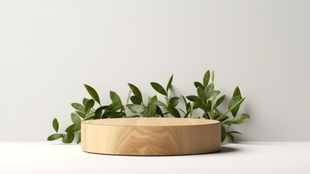Wooden product stand with green leaves on white background. 3d renderingの素材