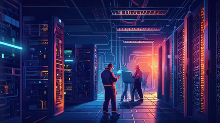 Back view of businessman and businesswoman standing in server room with digital interface. Teamwork concept. 3D Renderingの素材