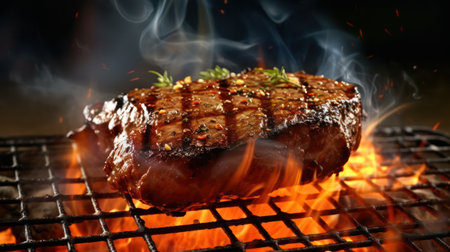 Delicious grilled steak on flaming grill, closeup. Space for textの素材