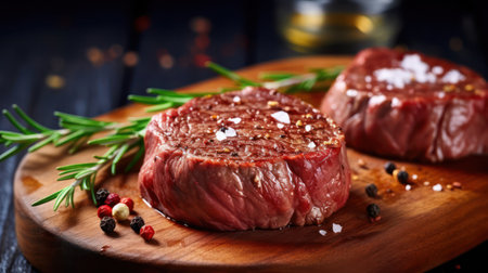 Steak with rosemary and spices on a dark wooden background.の素材