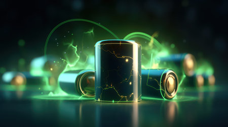 3d rendering of a battery in green and black background with lightning effectの素材