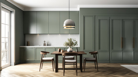 Kitchen interior design with green walls, wooden floor, green cupboards and dining table with chairs. 3d renderingの素材
