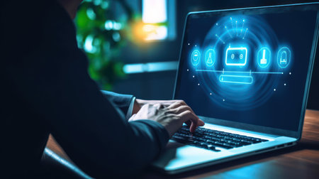 Woman using a laptop with security concept on the screen. 3D rendering.の素材