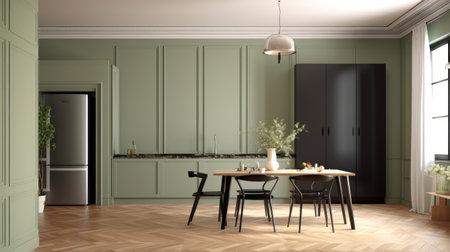 Kitchen interior design. 3D Illustration. Green color.の素材